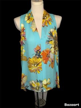 Spense Top Women’s Large turquoise Yellow Pink Floral Sleeveless Spring